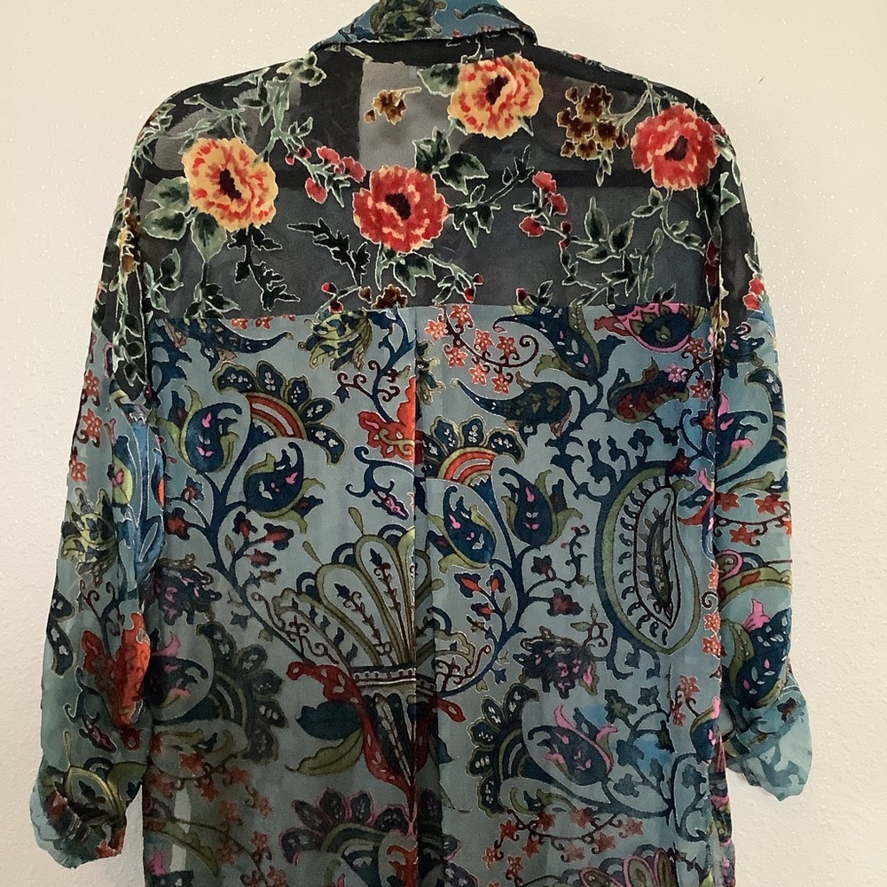 Blue Colorful Velvet Burnout Artsy Boho Hippie Lagenlook Oversized Tunic Shirt S - Picture 7 of 8